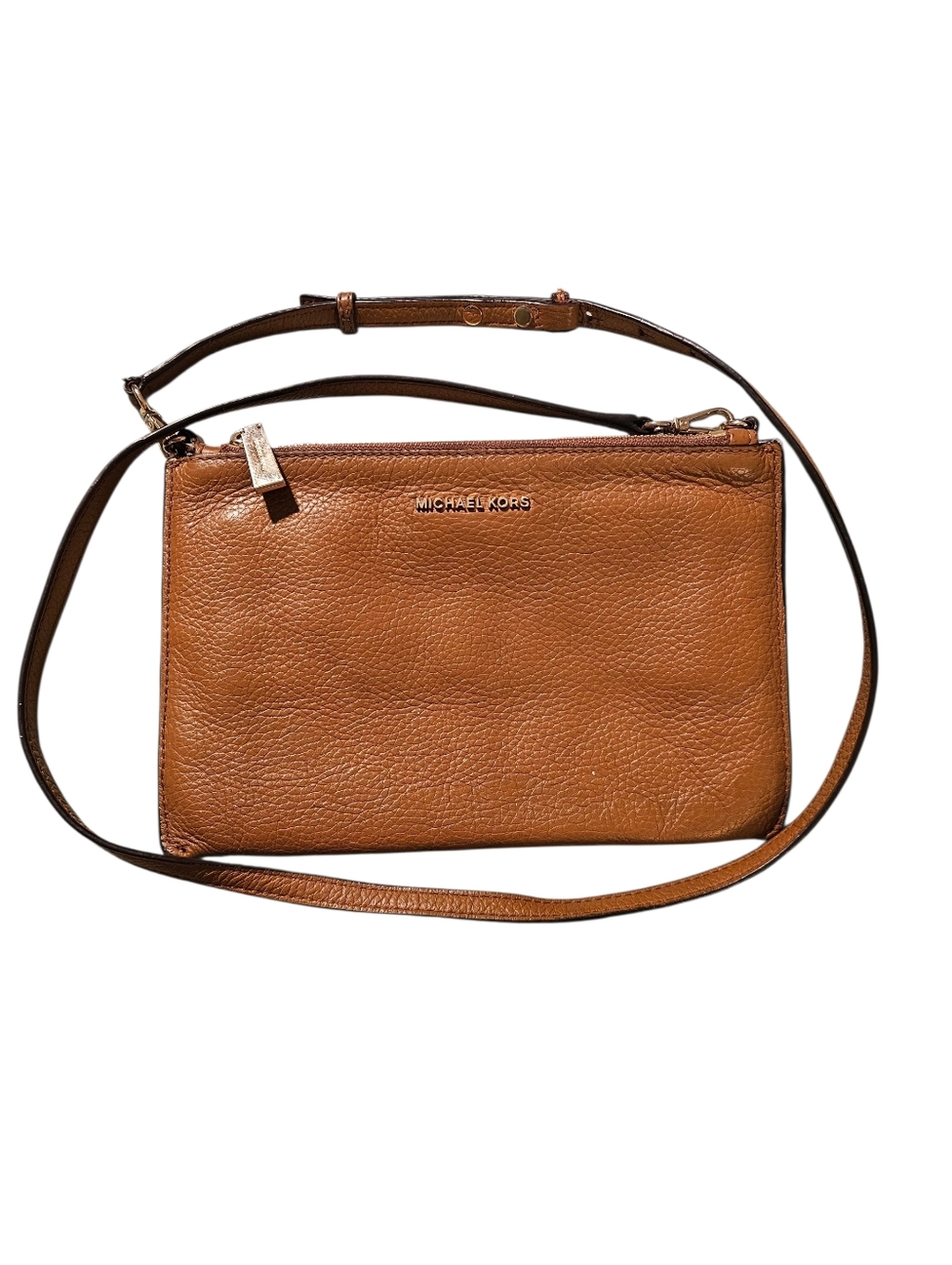 Michael Kors Adele Double Zip Crossbody Pebbled Leather Acorn Tan Gold